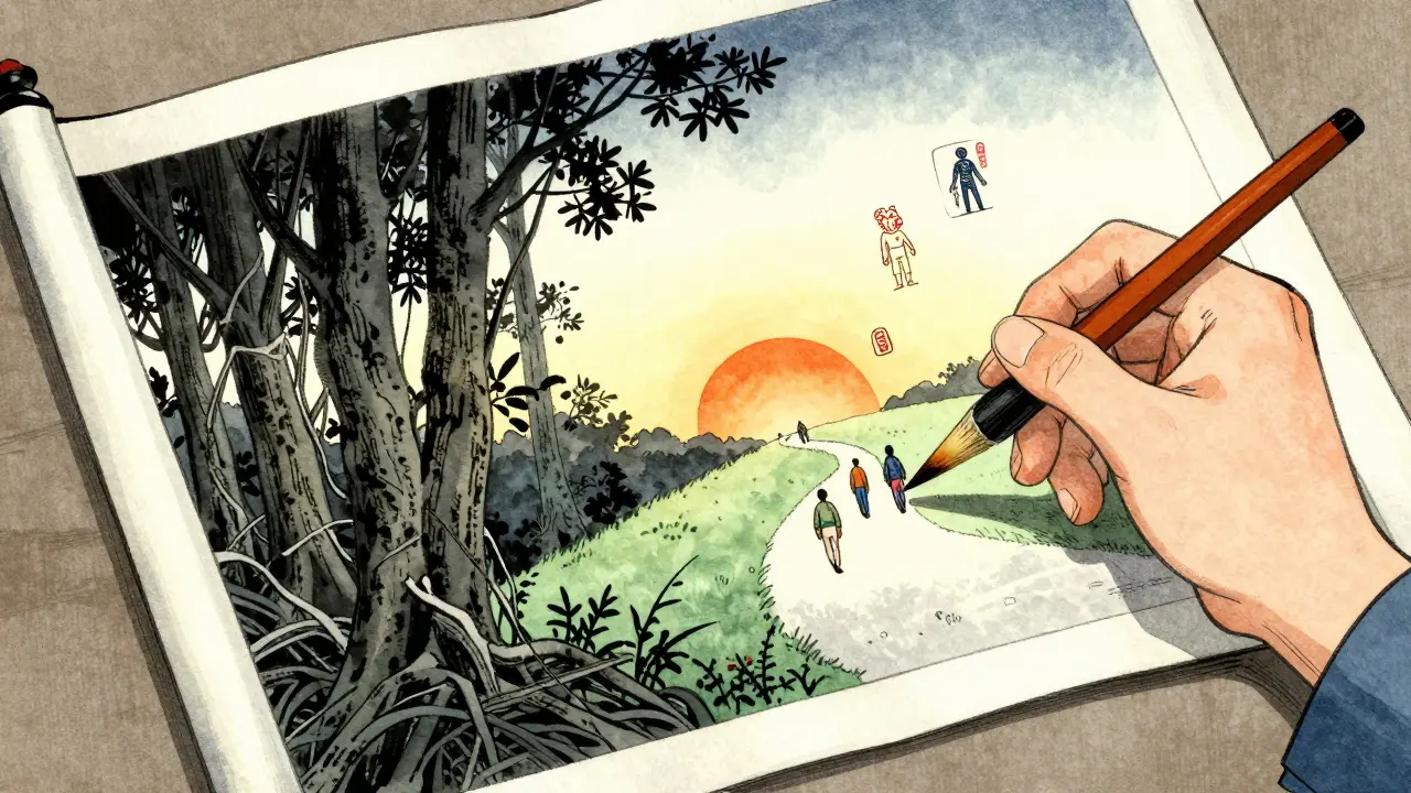 Terapeut maluje na škále životní cestu z temnoty ke světlu, symbolizující psychoterapii.