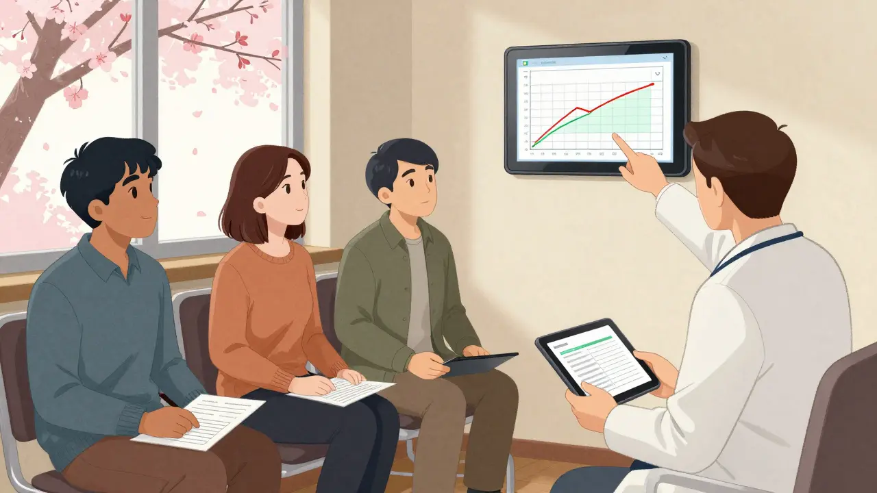 Terapeut ukazuje na tablet s grafem pokroku, klienti čekají v klidné čekárně s květy.