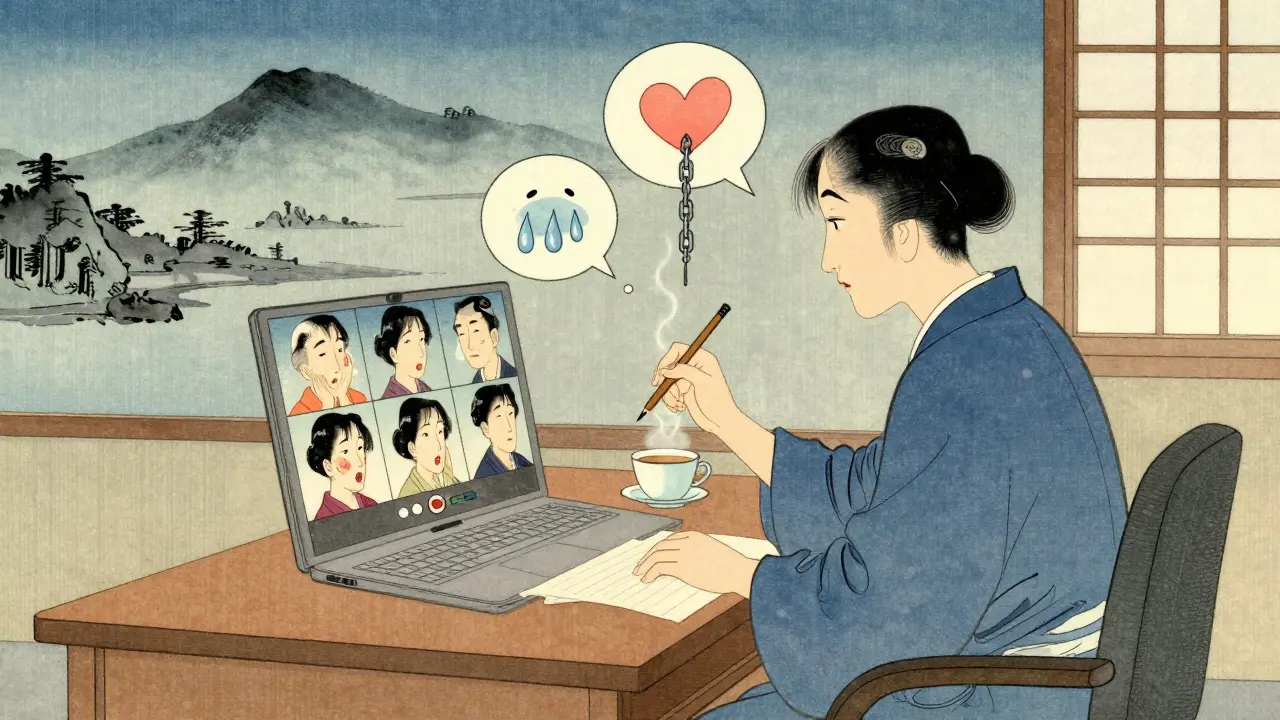 Terapeut vede online sezení, nad účastníky se vznášejí obrazovky s emoce, pozadí je klasický krajinový obraz.