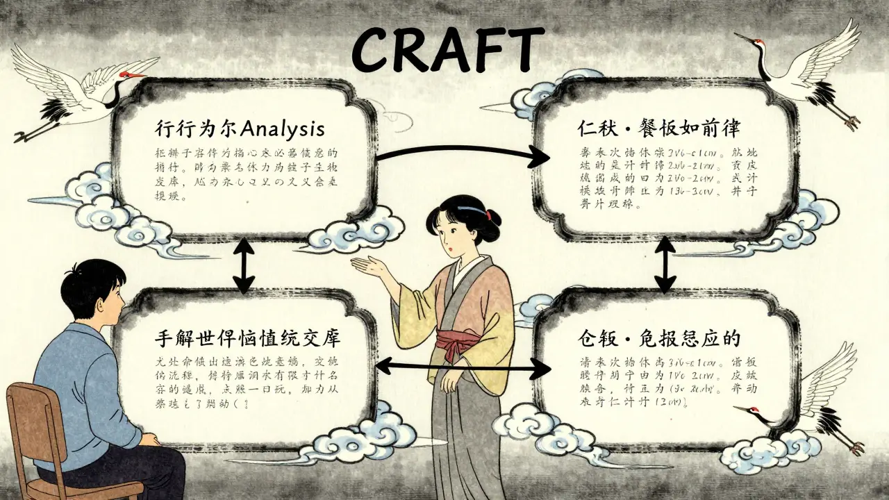 Terapeutka ukazuje matce čtyři ilustrované principy CRAFT v stylu klasického japonského tiska.