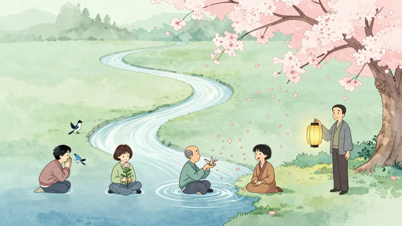 Tok terapie jako řeka v japonské zahradě, klientské kroky symbolizují postupné uvolnění.