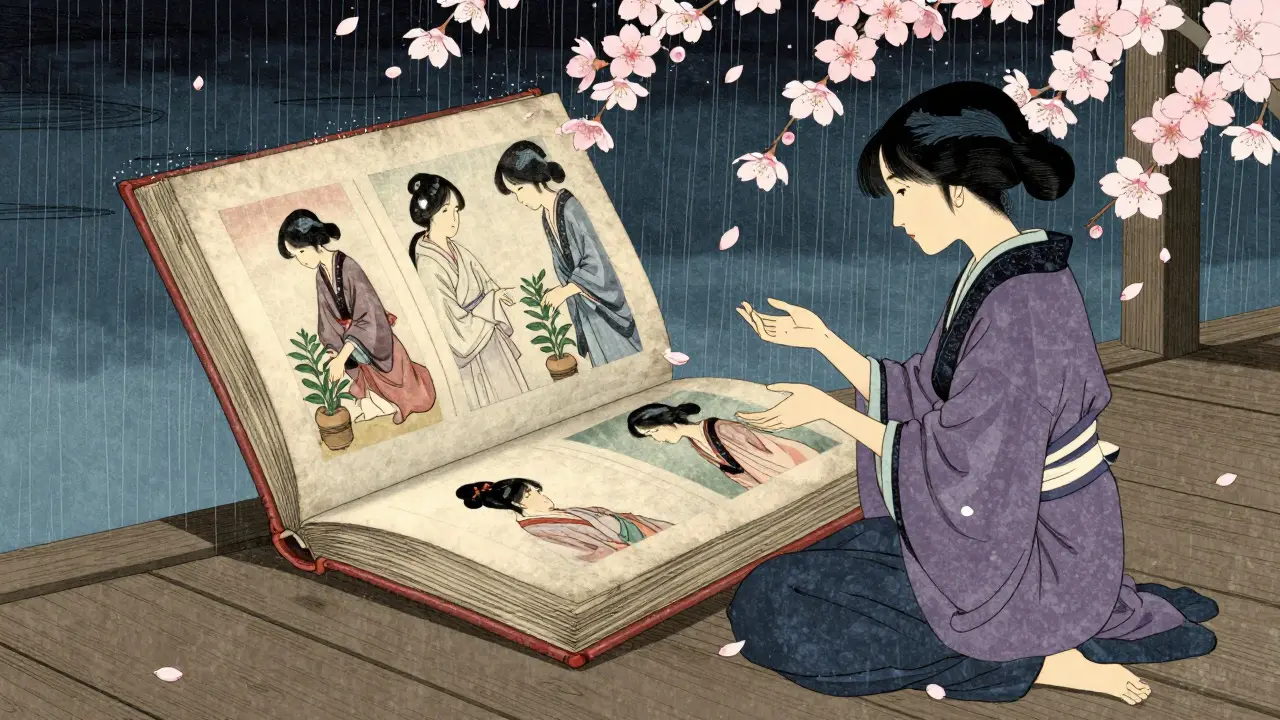 Žena listuje plující knihou, kde každá strana ukazuje skrytou odvahu.