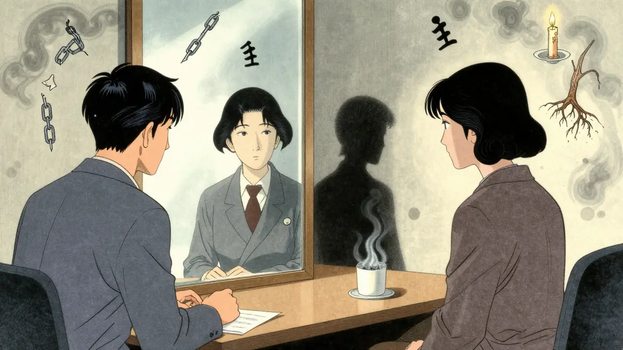 Zrcadlo odrazí dvě verze klienta s různými terapeuty, všechny symboly se mění v mlhu.