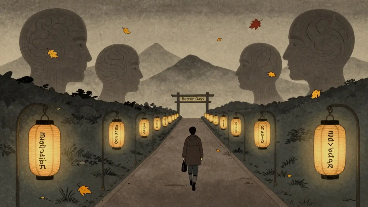 Cesta k lepším dnům s lucernami označenými léčebnými kroky.