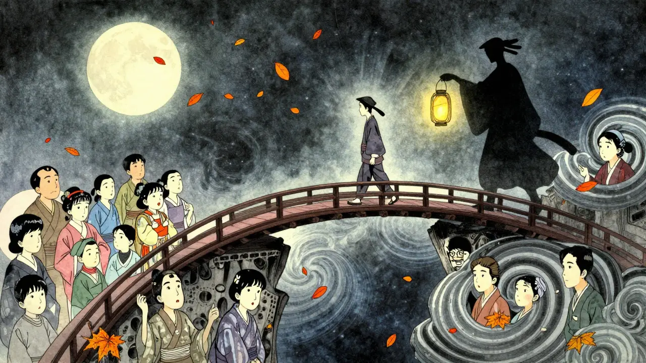 Cesta po mostě z dechu nad propastí vzpomínek, vedená světelnou lampa, ukiyo-e estetika.