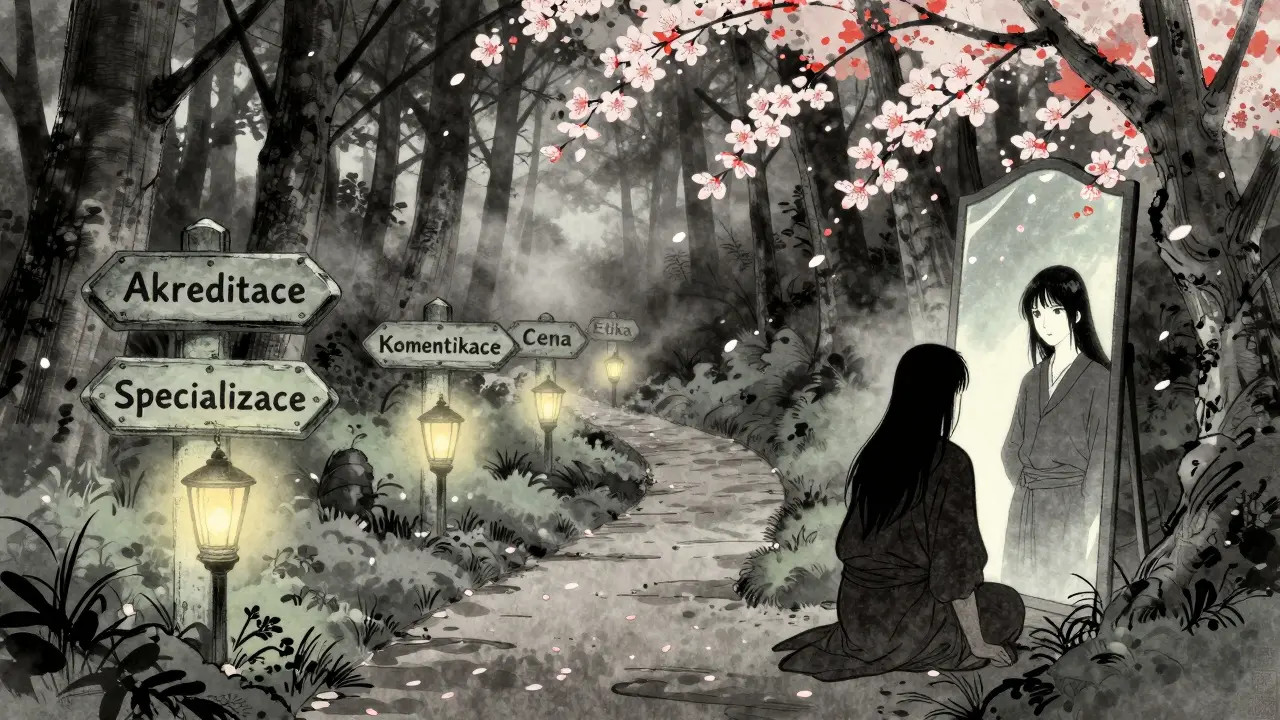 Cesta skrz les s pěti kameny označenými klíčovými otázkami, styl ukiyo-e.