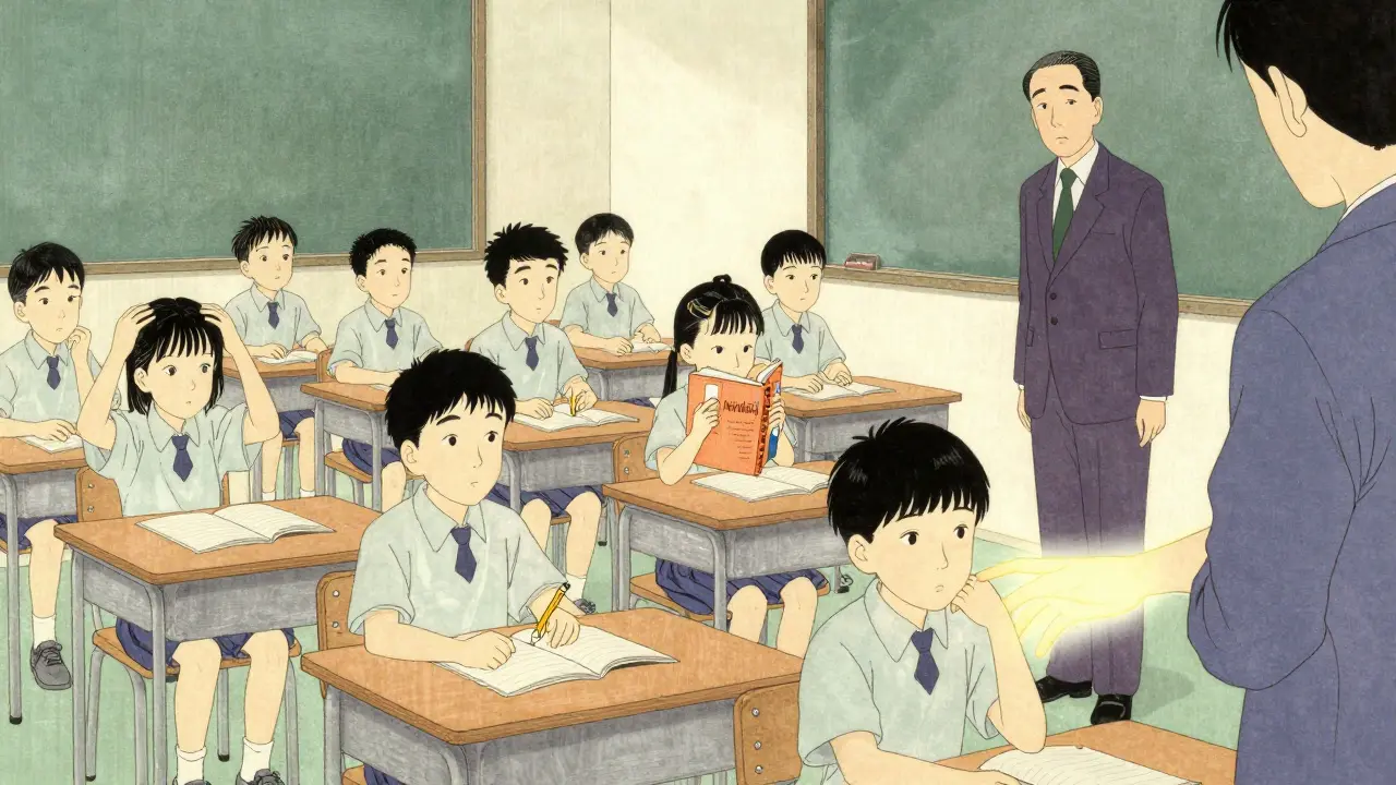 Děti ve třídě ukazují příznaky emočního zneužívání, učitel nevidí, ale ruka zvenčí se dotýká jednoho dítěte.