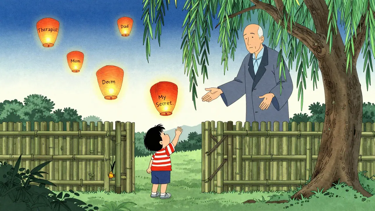 Dítě stojí u oplocení z bambusu, táhne se k lampionu s nápisem 'Mé tajemství', zatímco terapeut pozoruje z dálky.