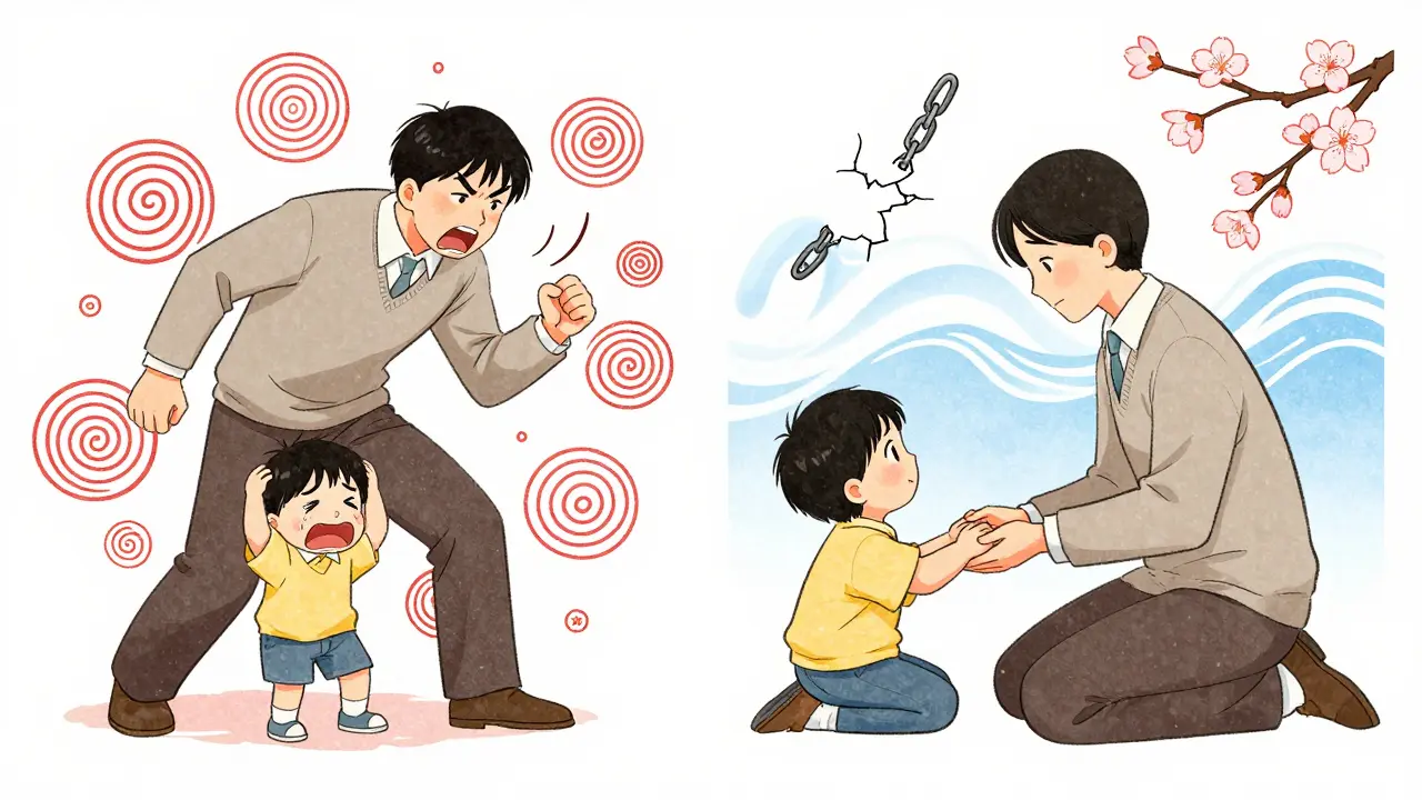 Kontrast mezi křikem a klidnou komunikací v rodině, znázorněný jemnými barvami a symbolickými prvky.