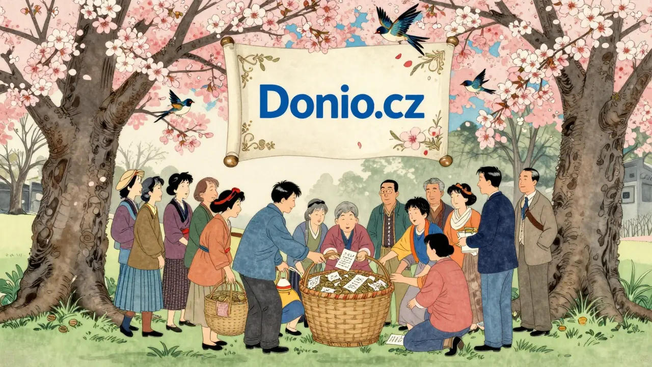 Lidé v parku předávají košík s penězi a listy, symbolizující sbírku na terapii.