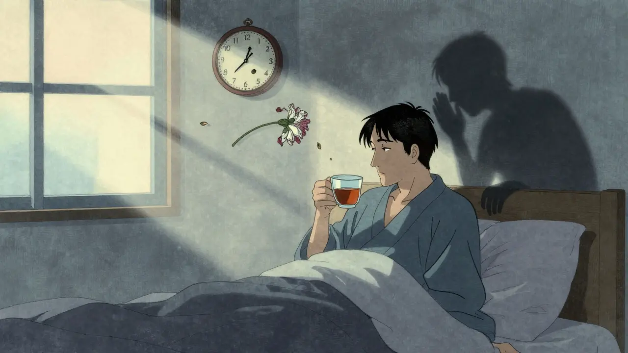 Muž v ložnici v ranní světlosti, kolem něj symboly únavy a ztráty.