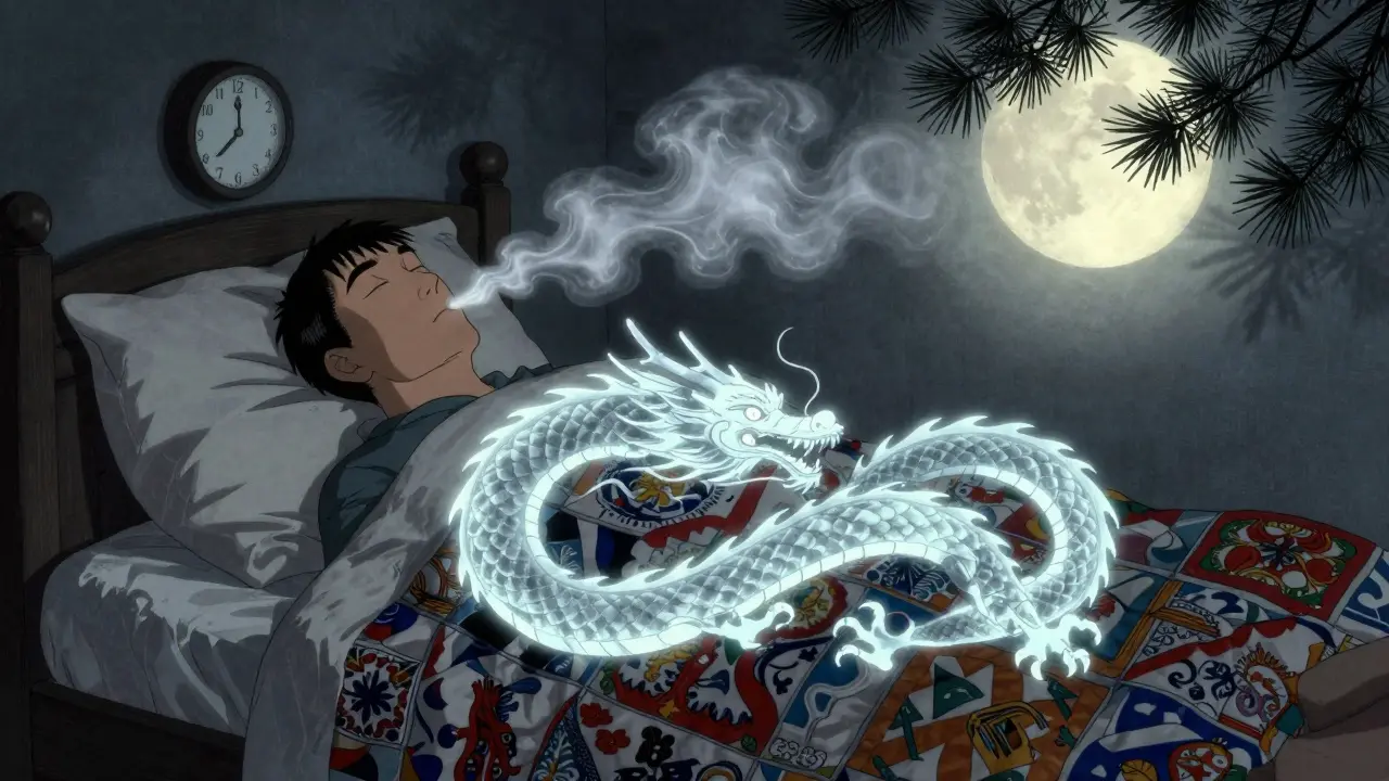 Muž v posteli dýchá v poměru 2:1, stříbrná mlha tvoří draka kolem jeho těla při měsíčním světle.