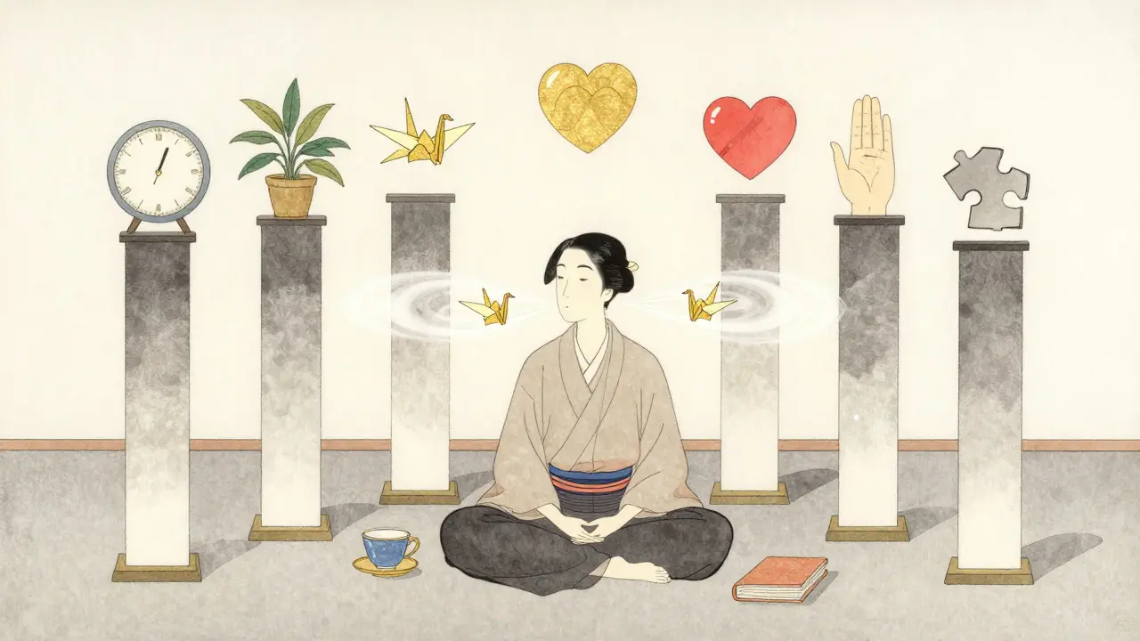 Osoba dýchá ve čtverci, okolo ní se objevují sedm symbolů duševní hygieny v japonském stylu.