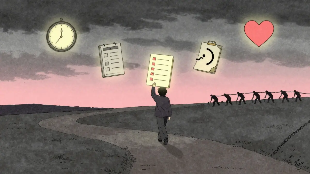 Osoba jde cestou, sbírá lehké nástroje, které jí pomáhají překonat ADHD.