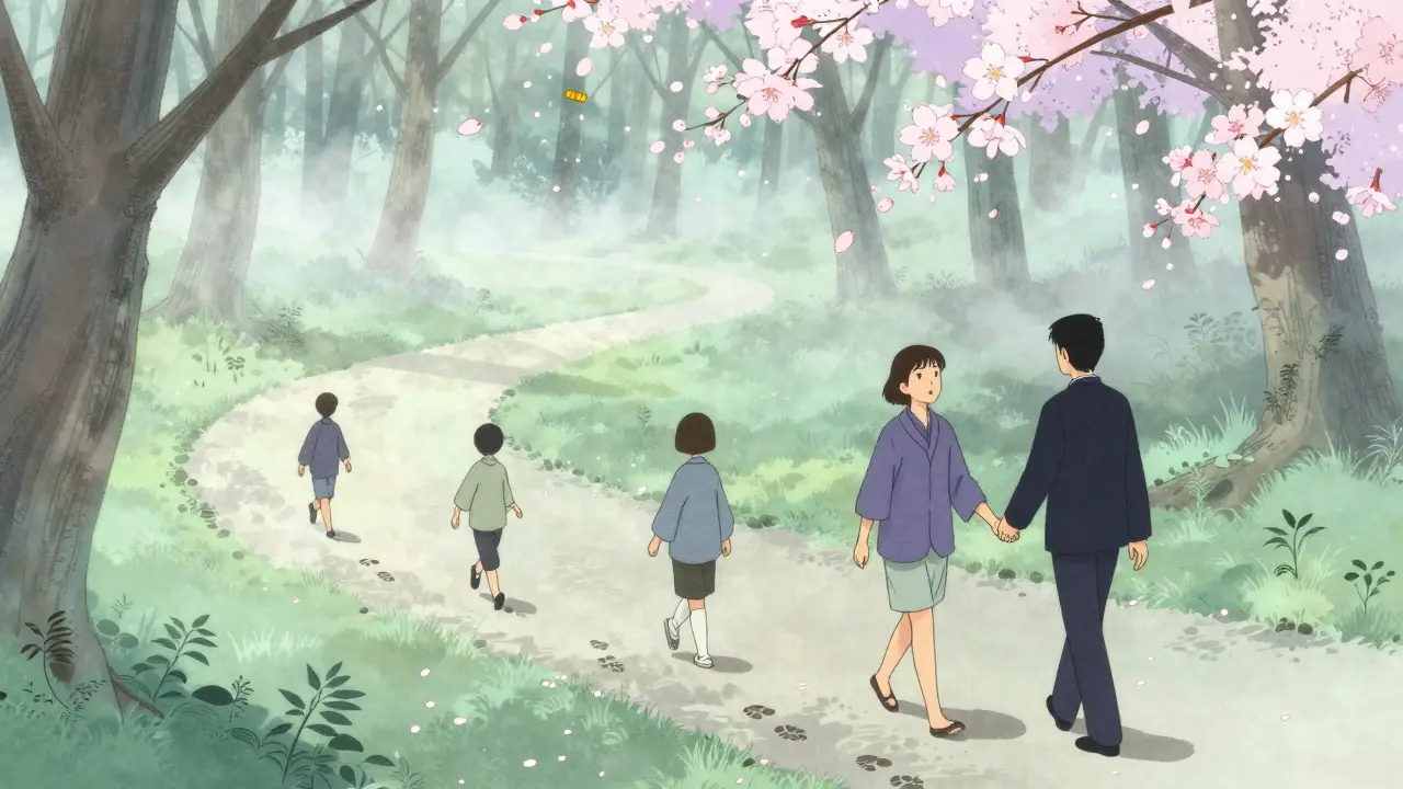 Osoba kráčí cestou lesem, každý krok mění její stín do klidnější verze sebe.