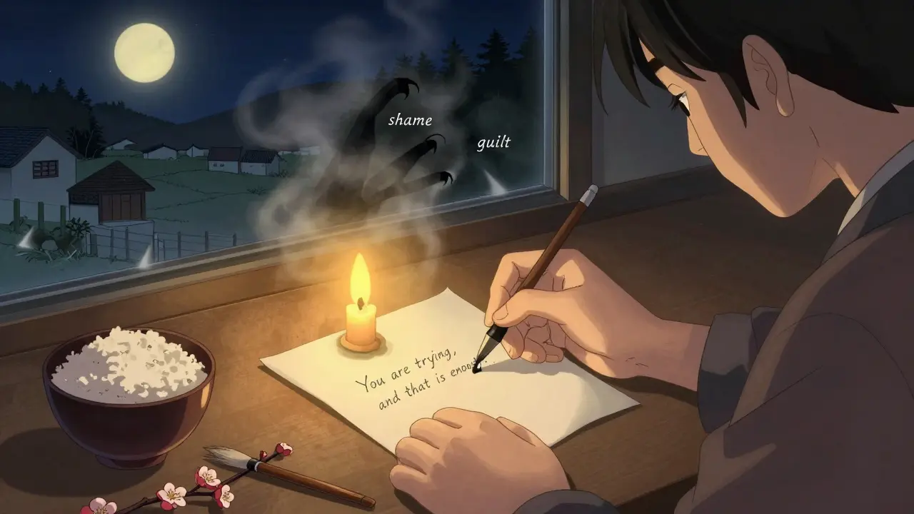 Osoba píše dopis svému já, zářící slova odstraňují tmavé kličky hanby a viny, na stole místo jídla kvete větve.