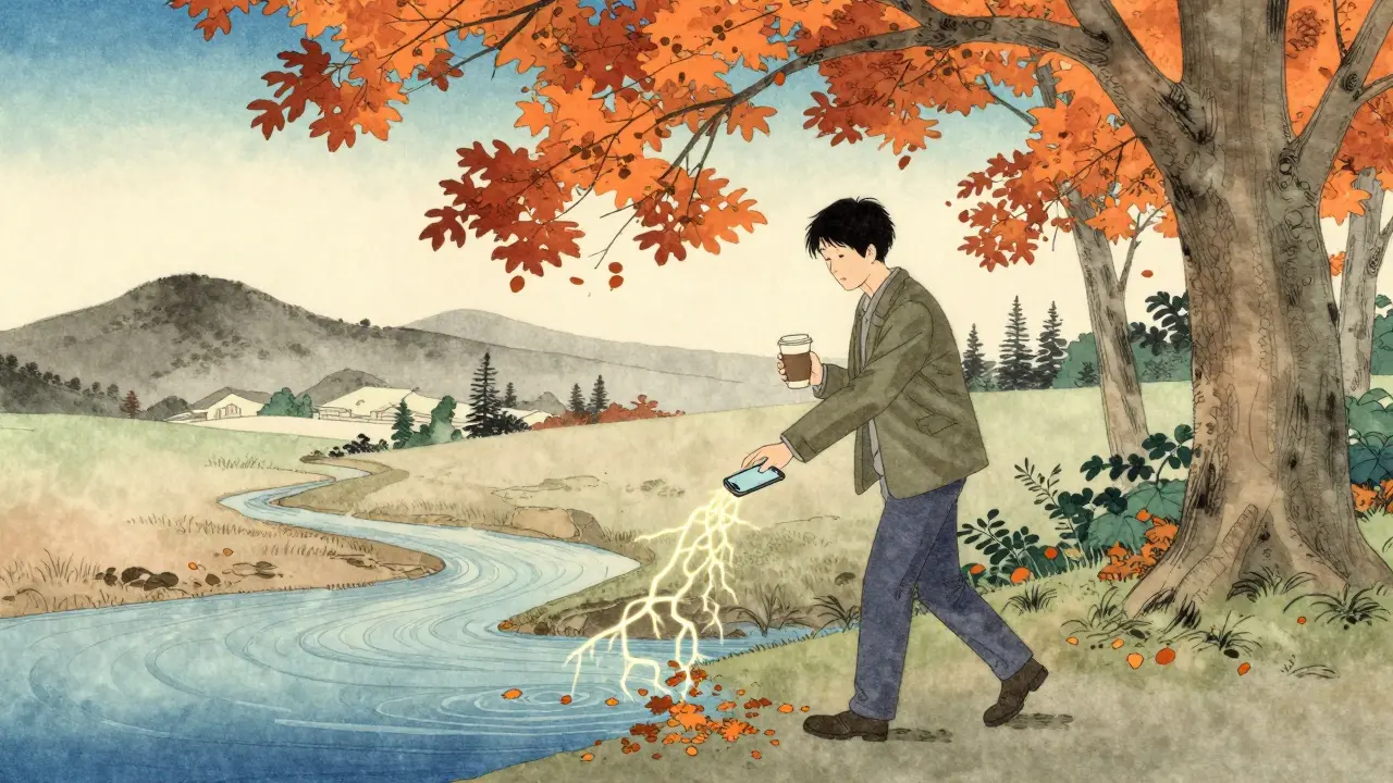 Osoba prochází pod listnatými stromy, vypíná telefon do toku listů, okolo ní svítí neurony.