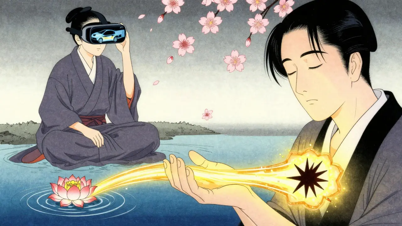 Osoba s rukama na srdci, z jejího prsu proudí zlatá světla, která proměňují traumatu v lotosy, v ukiyo-e stylu.