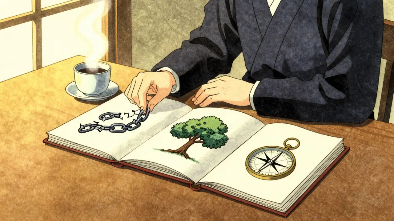 Osoba sedí u stolu se třemi sešity, symbolizujícími svobodu, růst a směr, v teplém světle.