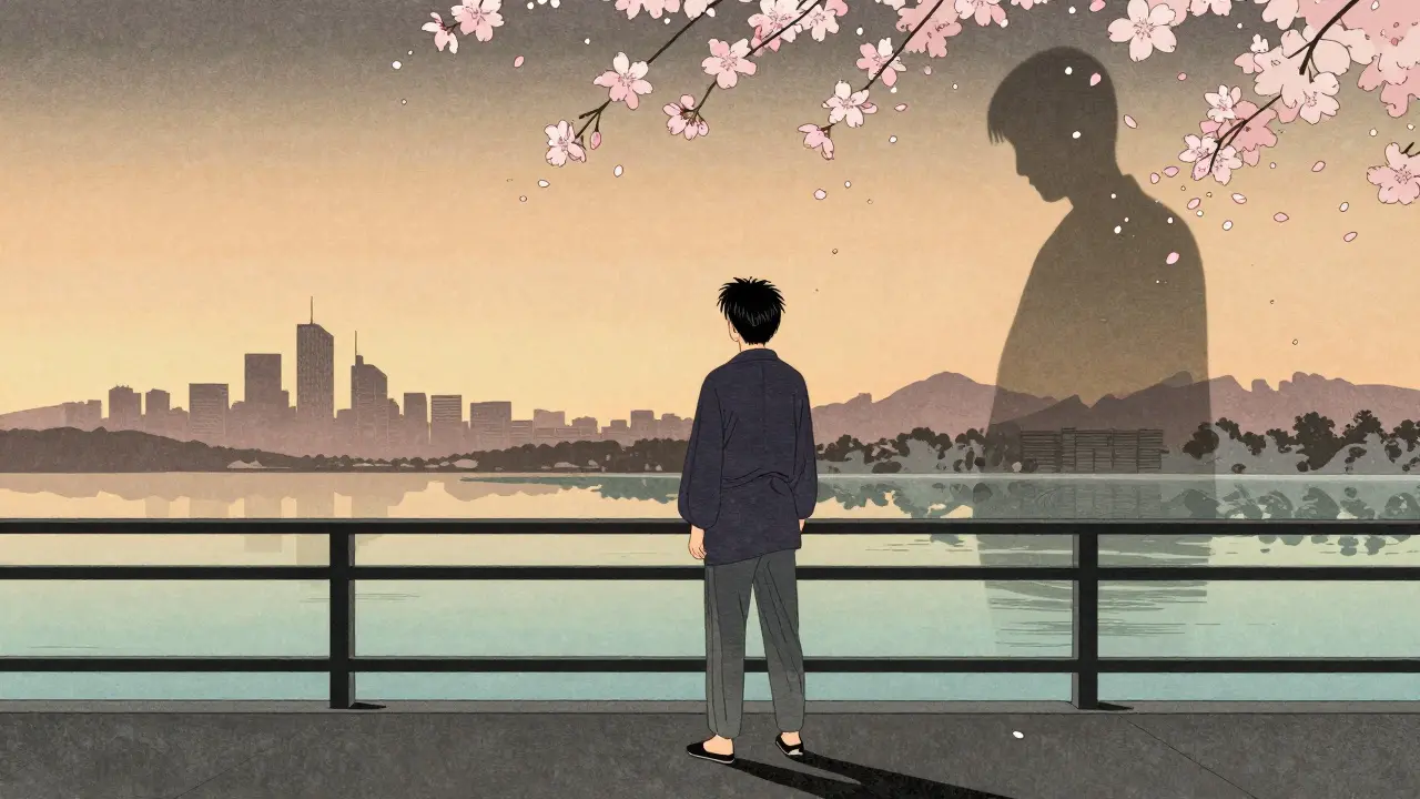 Osoba stojí na mostě na východě slunce, stín terapeuty se mění v lýsky, symbol svobody.