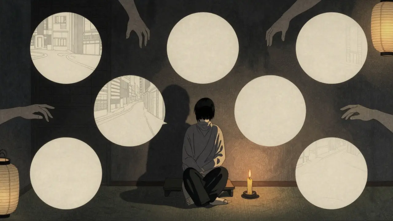 Osoba v tiché místnosti, kde se kolem ní zmenšují prostory, které vyhýbá, v japonském ilustračním stylu.