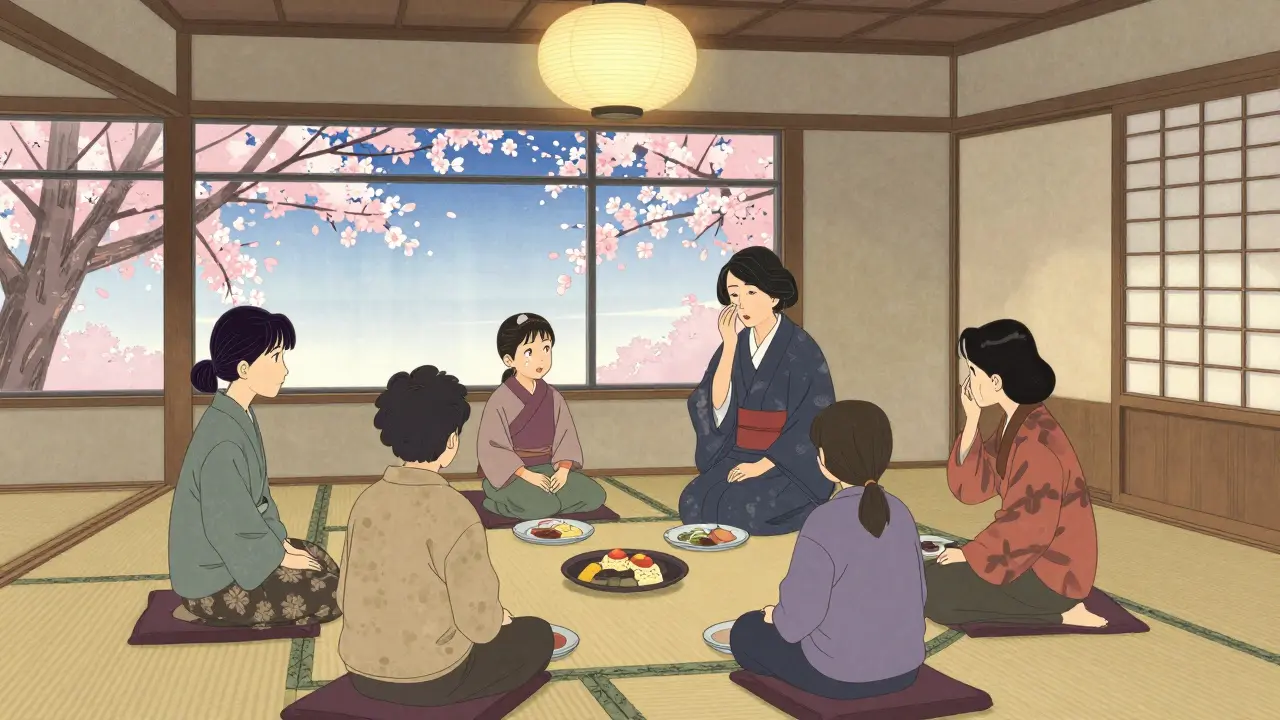 Pět rodin sdílí jídlo a zkušenosti v terapeutické skupině, jemné květiny a lampiony kolem.