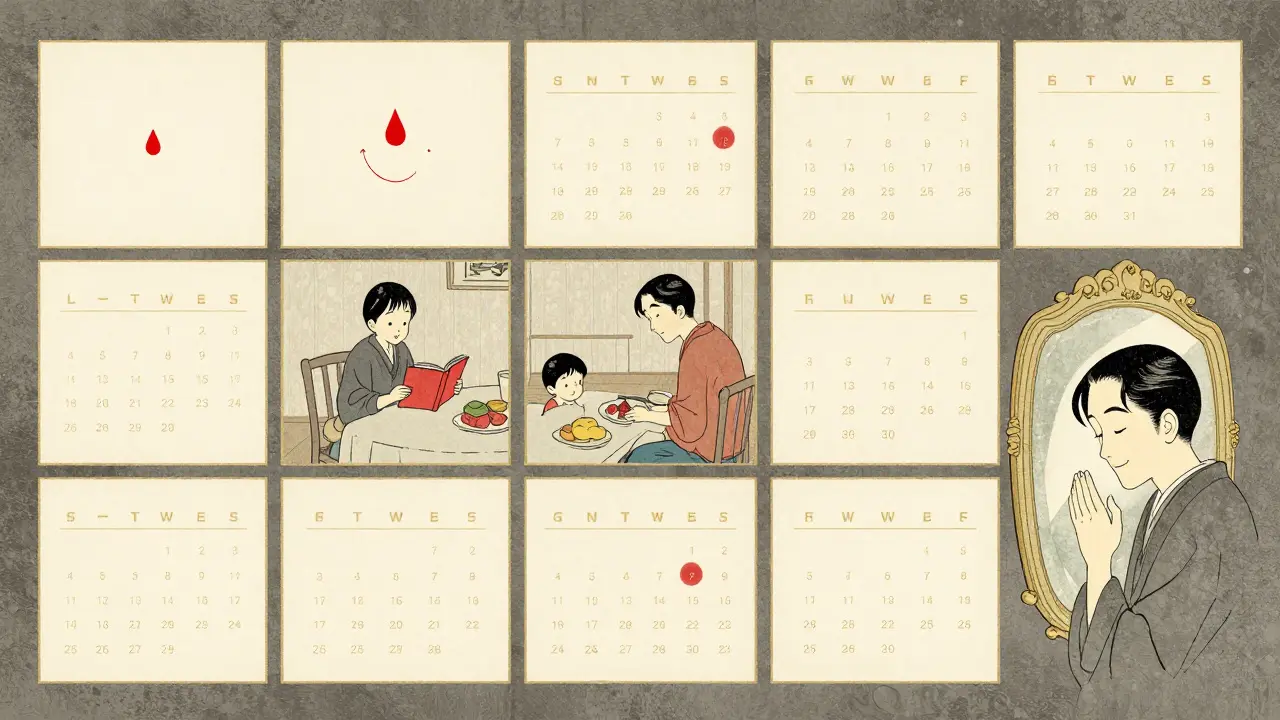 Přeměna rodinného života během 12 týdnů, znázorněná jako sérii klasických dřevorytů s růstovými symboly.