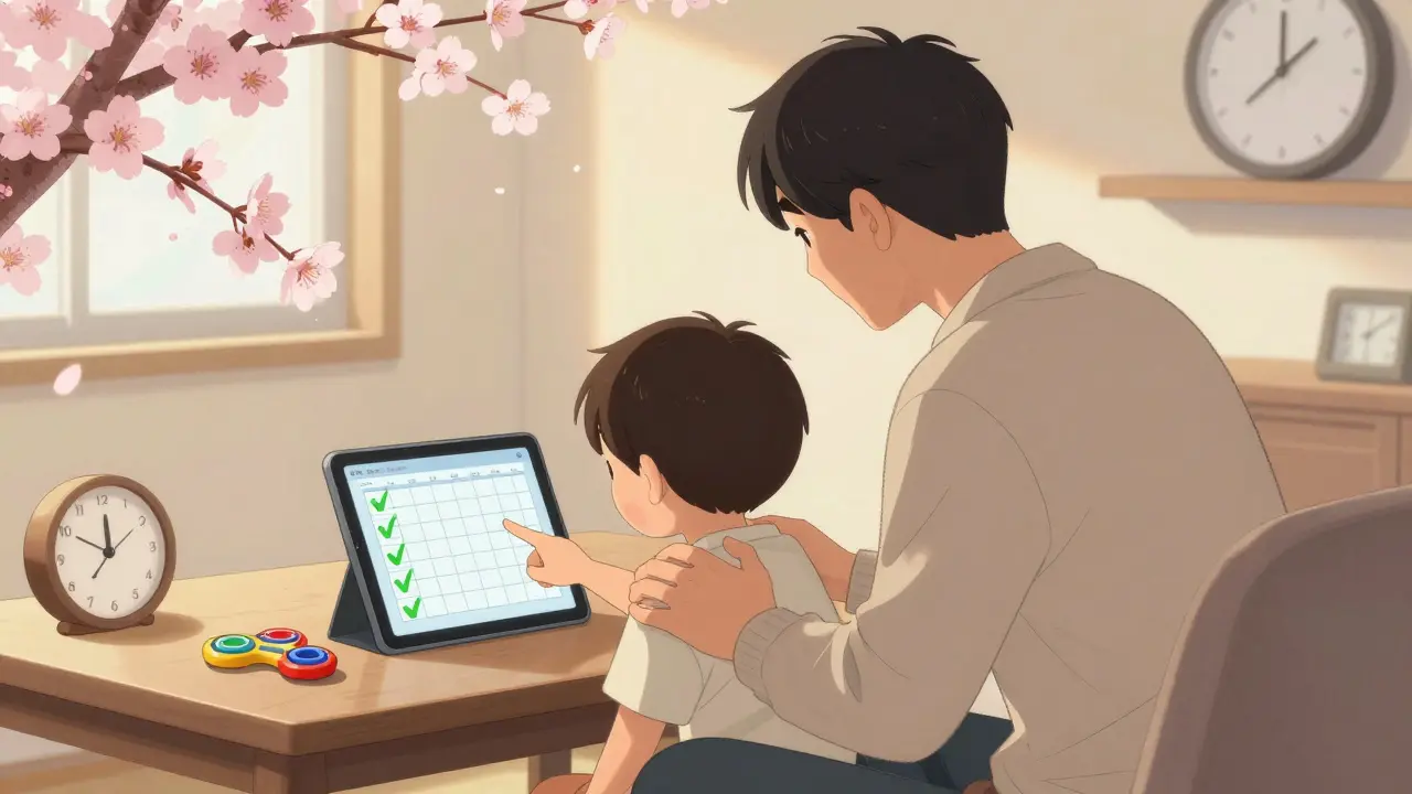Rodina podporuje dítě s ADHD pomocí digitálního nástroje a klidného přístupu.