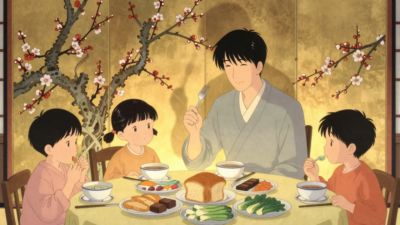 Rodina společně večeří, jedno z dětí drží vidličku nad čokoládou, atmosféra klidu.