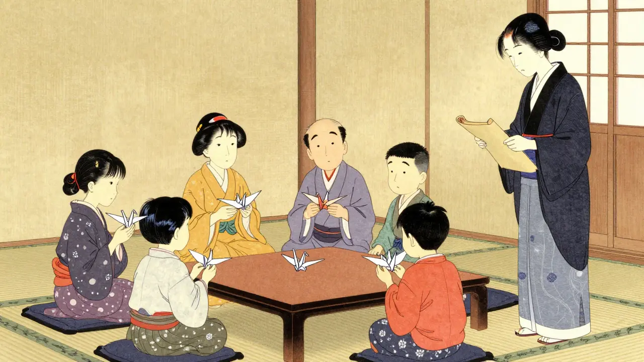 Rodina u stolu s papírovými žábovými, terapeut venku drží uzavřený svitek, symbolizující soukromí každého klienta.