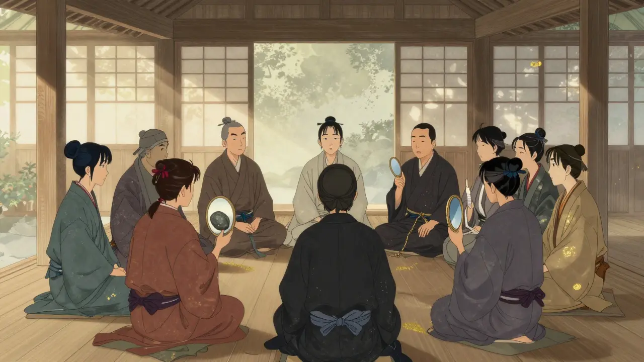 Skupina lidí v kruhu v dřevěném pavilonu, drží předměty symbolizující dovednosti DBT.