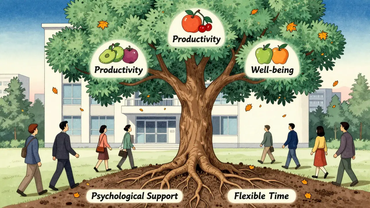 Strom rostoucí z budovy firmy s ovocem značek pro produktivitu a pohodu.
