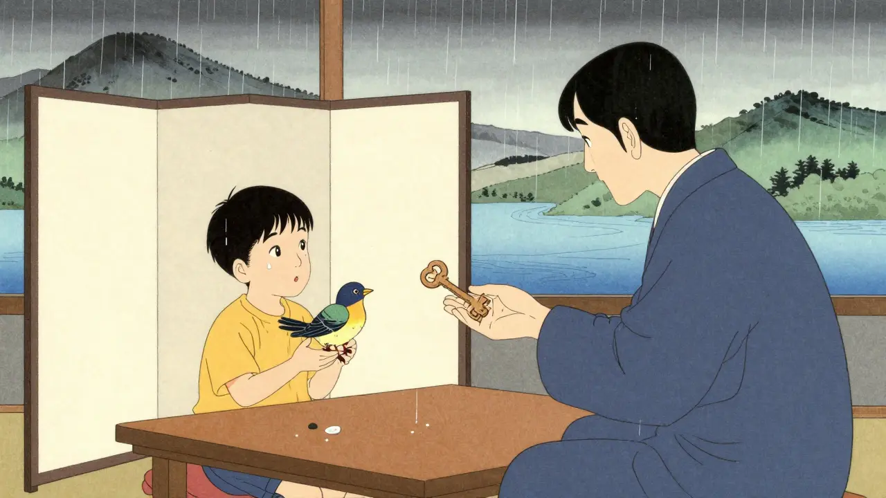 Terapeut a dítě sedí u stolu, mezi nimi polopřehledná stěna, zatímco dítě drží poraněného ptáka.