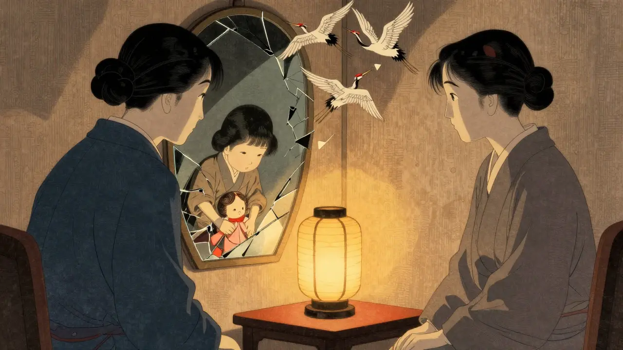 Terapeut a klient spolu v měkkém světle, zrcadlo odhaluje jejich dětskou verzi, žáby letí nahoru.