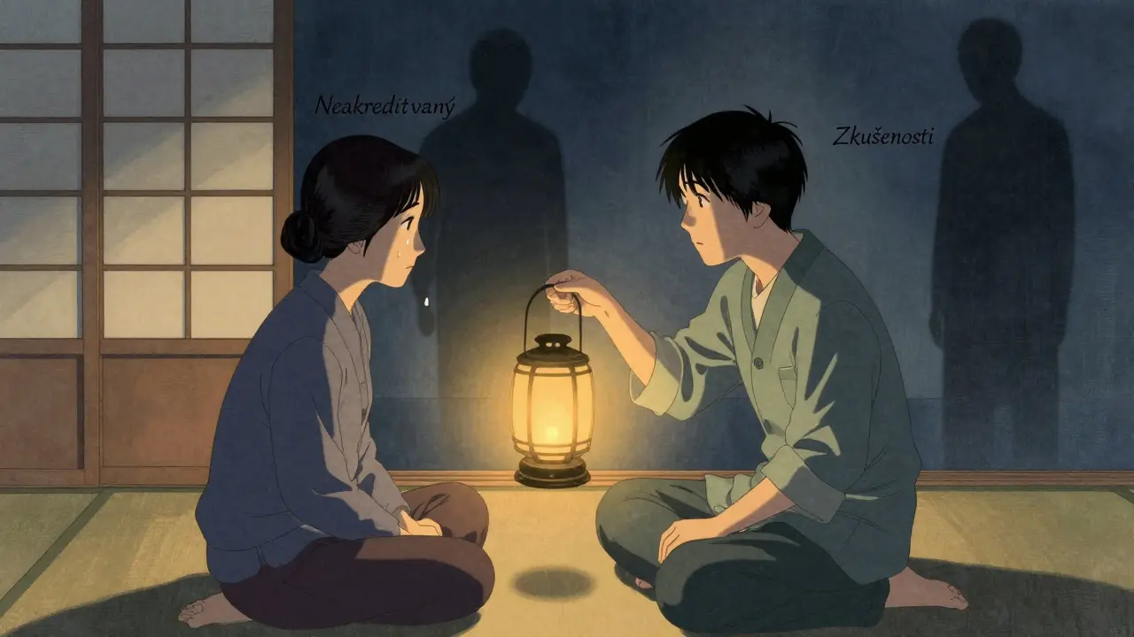 Terapeut a klient v klidné místnosti, lantern osvětluje slzu, styl ukiyo-e.