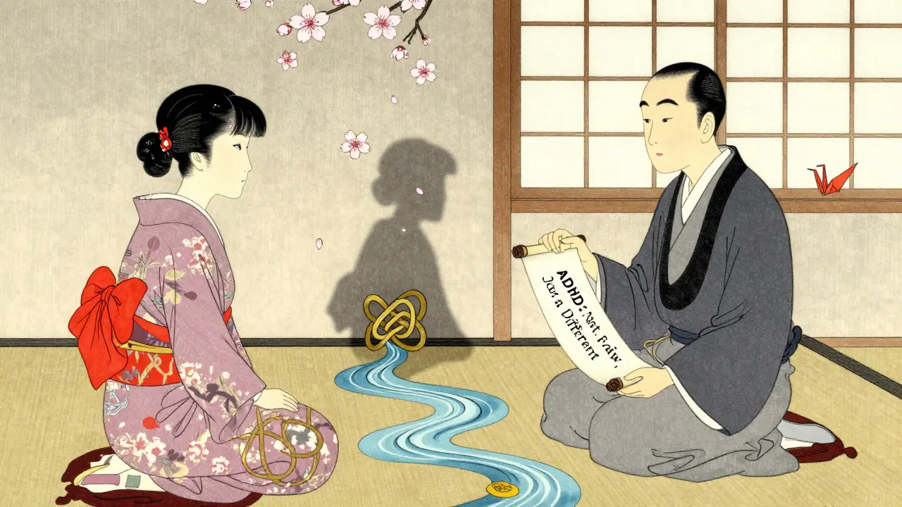 Terapeut a klient v klidné místnosti, stín klienta se mění z uzlu na řeku.