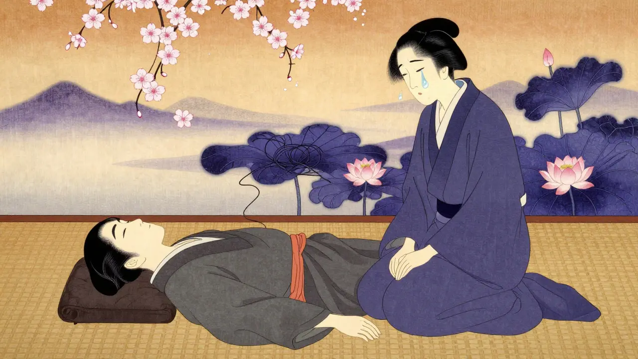 Terapeut a klient v klidném prostředí, emoce vyjádřené květinami a viničemi, japonský styl.