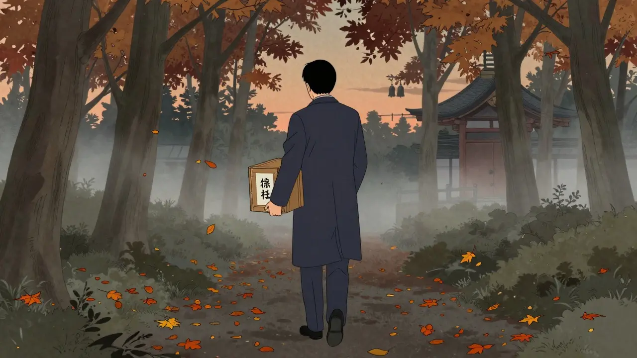 Terapeut ve vodnatém lese nese zapečetěnou krabici s tajemstvím, listy kolem něj představují utajené slova.