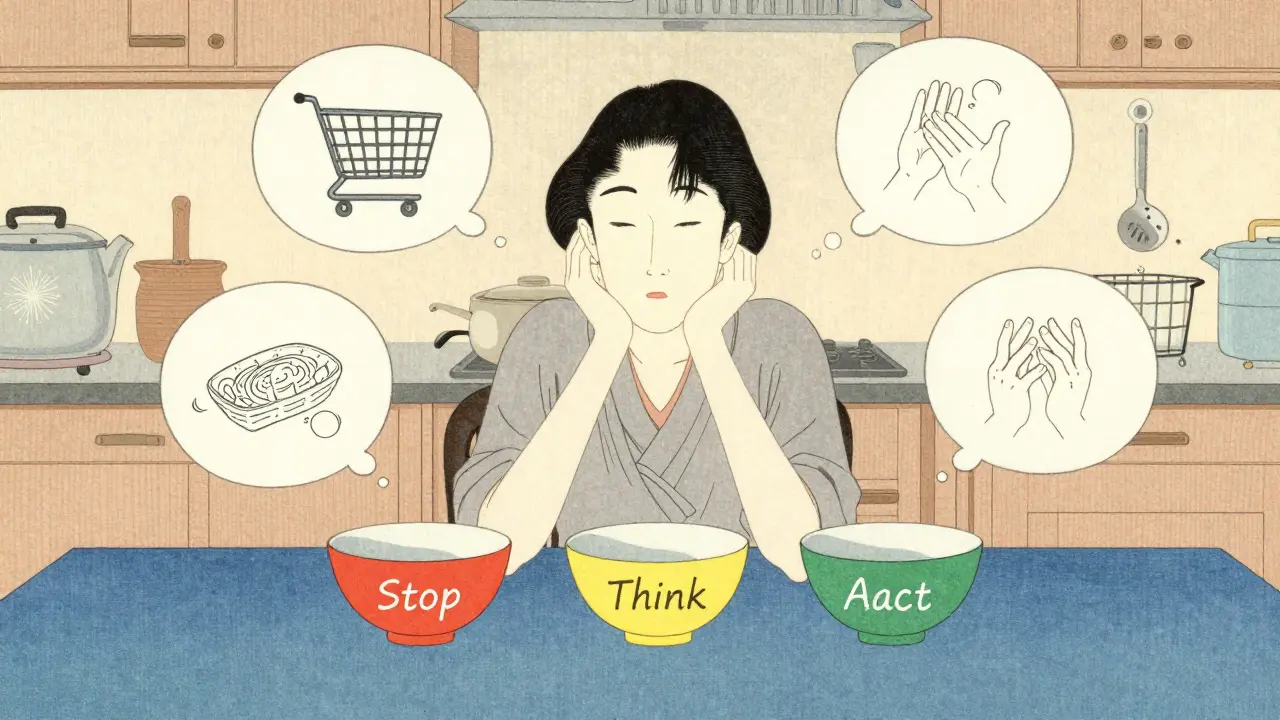 Tři barvy - červená, žlutá, zelená - symbolizují kroky sebekontroly při ADHD.