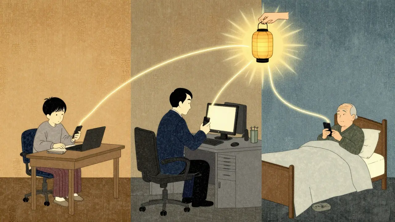 Tři lidé v různých situacích spojení světelnými linkami, které vedou k laterně.