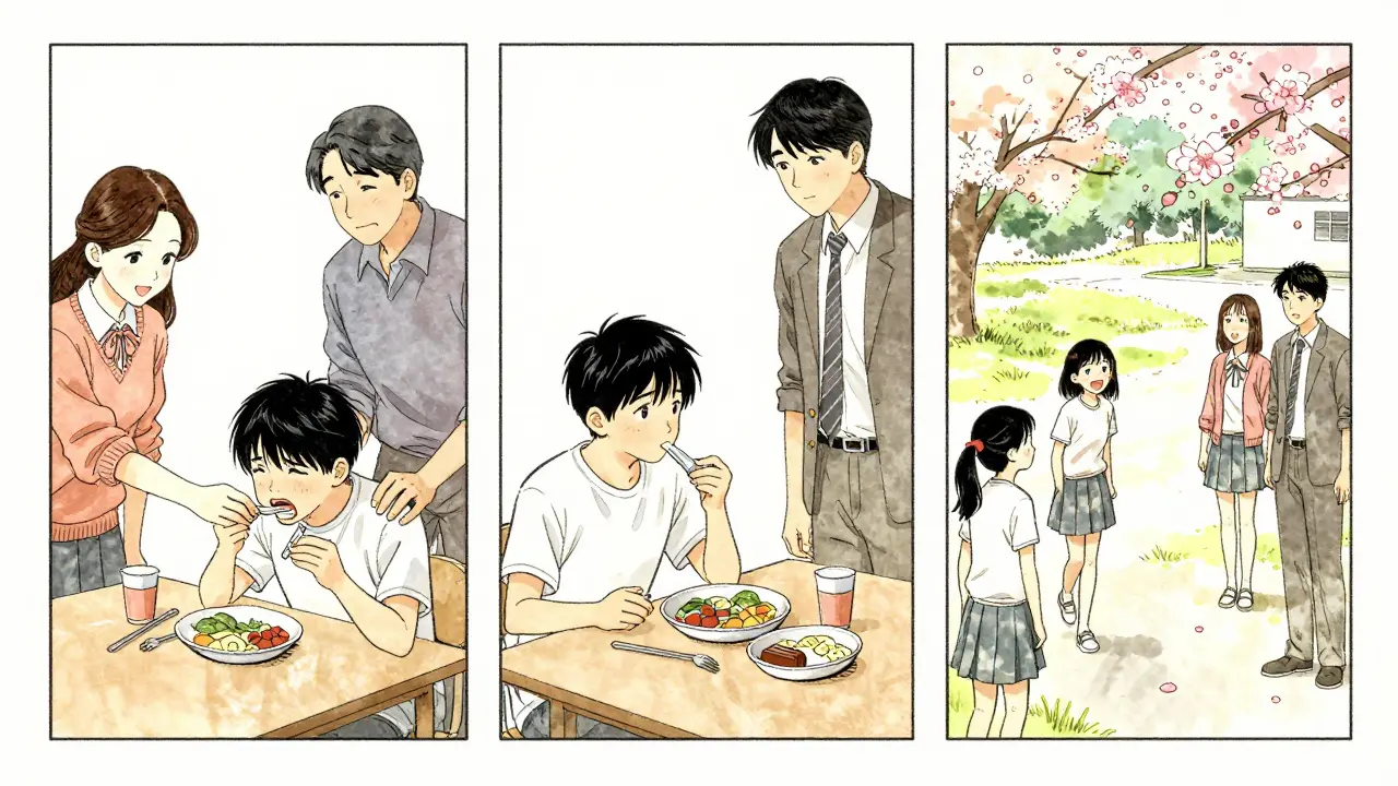 Tři scény FBT: krmění, předávání kontroly, obnova života – v jemném stylu ukiyo-e.