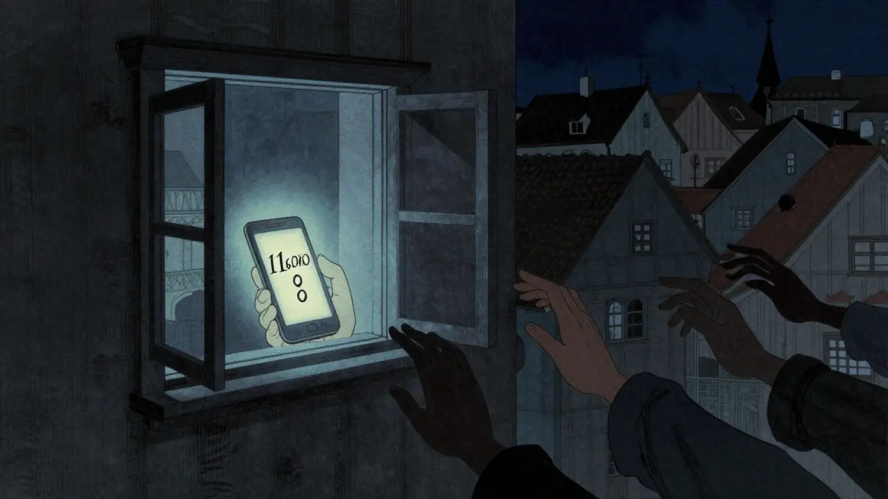 Zářící telefon s číslem 116 000 v nočním okně, symbolizující bezplatnou krizovou pomoc.