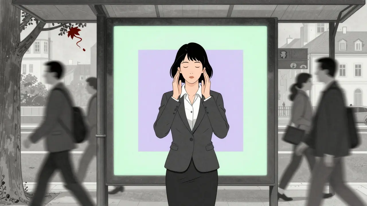 Žena na autobusové zastávce dýchá s vyvážeností, kolem ní se objevují geometrické světelné čtverce.