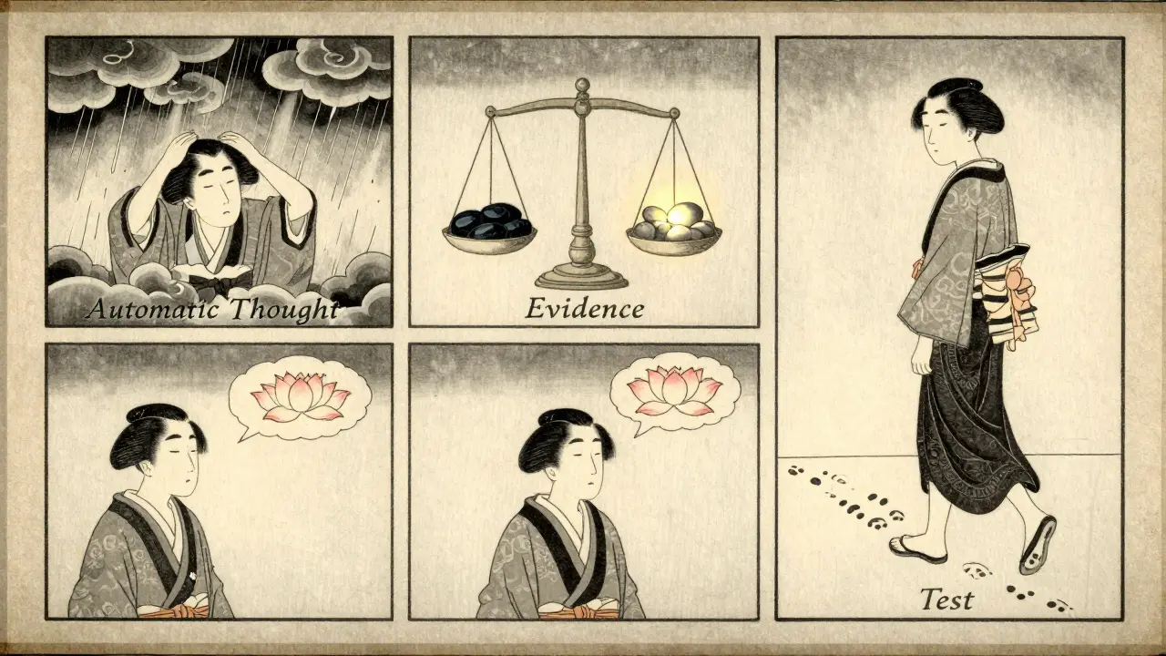 Čtyři kroky kognitivní restrukturalizace znázorněny jako japonský roličný obraz s temnými a světlými symboly.