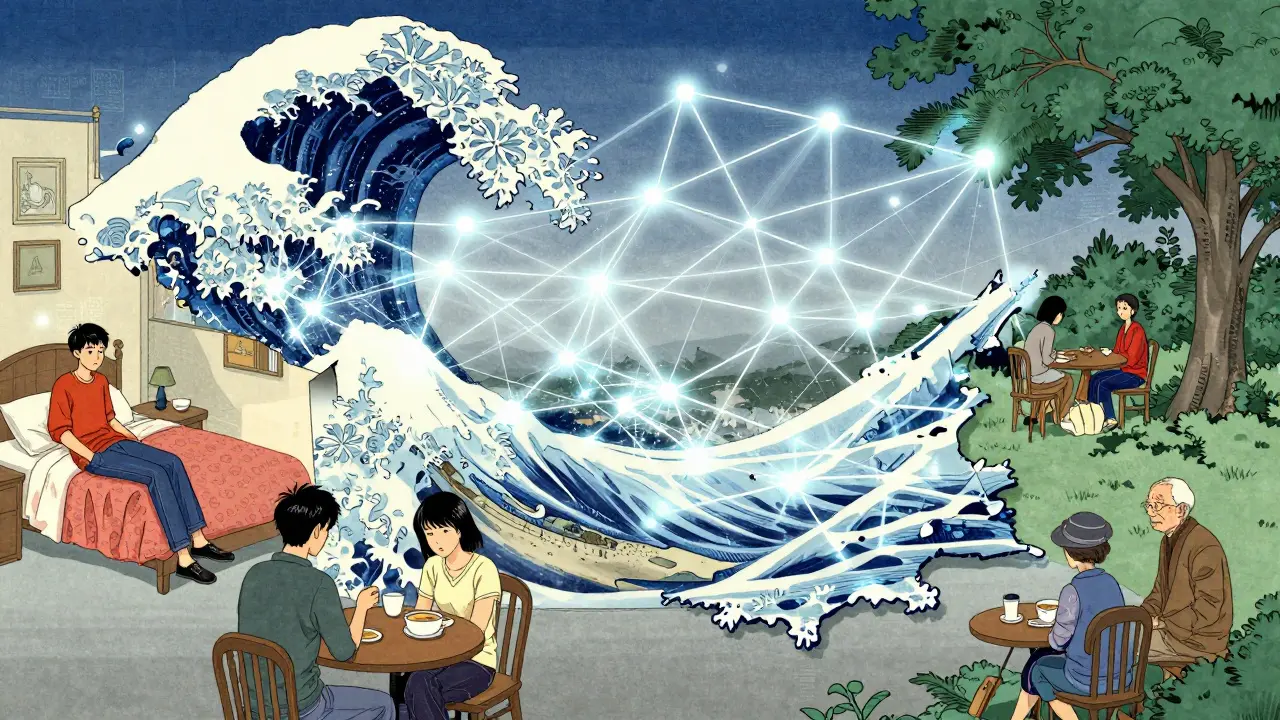 Diverse people connected by glowing digital threads over Czech map, symbolizing online mental health access.