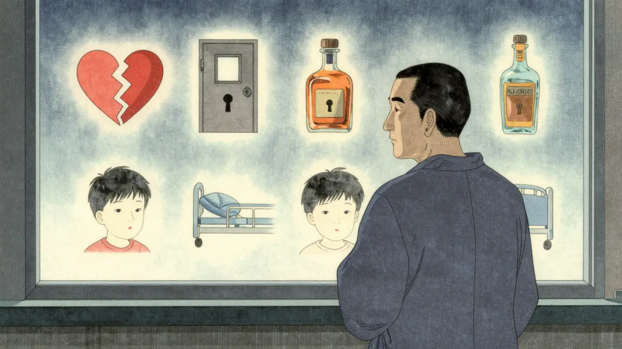 Dospělý muž se dívá z okna nemocnice, jeho odraz ukazuje dítě, kolem nich deset symbolů trauma.