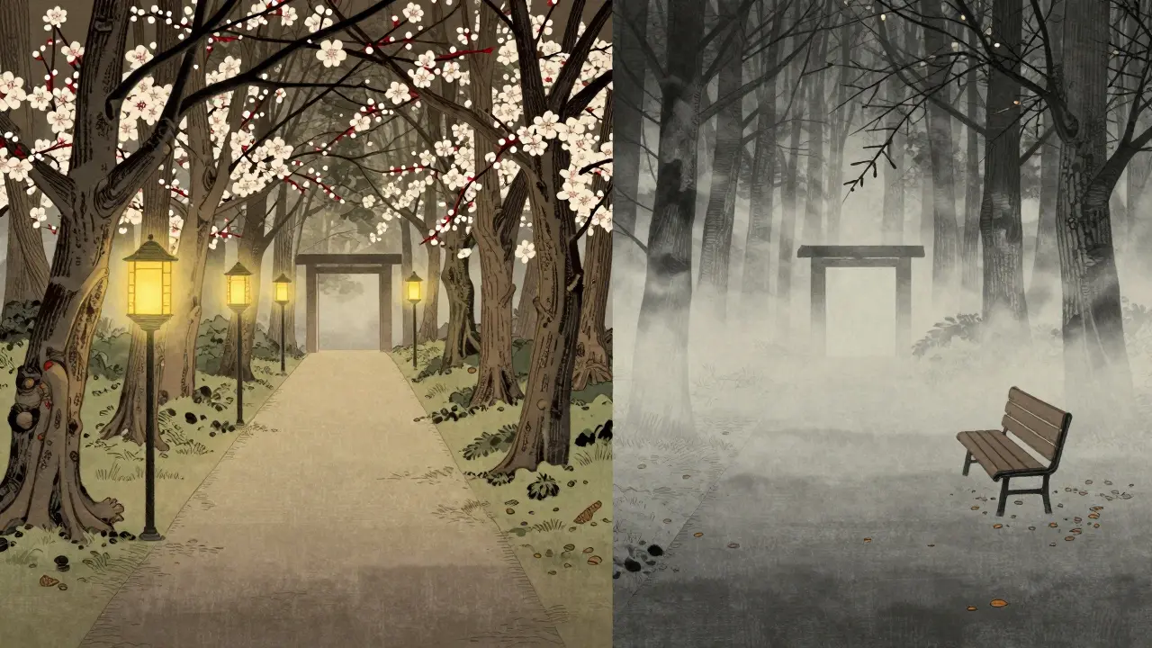 Dvě cesty vedoucí do mlhy — jedna osvětlená, druhá temná, symbolizující rozhodnutí zůstat nebo odejít.