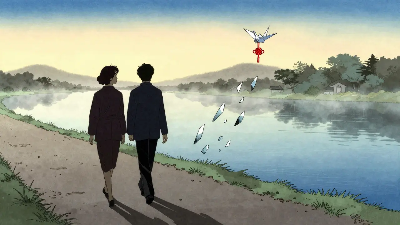 Dvojice kráčí po řece, jejich stíny se slučují, zlomené zrcadla se rozpouštějí ve vodě.