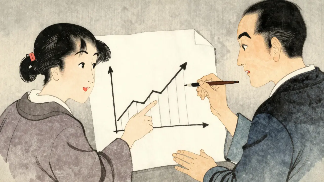 Klient a terapeut společně sledují graf pokroku na rukou psaném papíře, terapeut ukazuje na vzestupný trend s úsměvem.