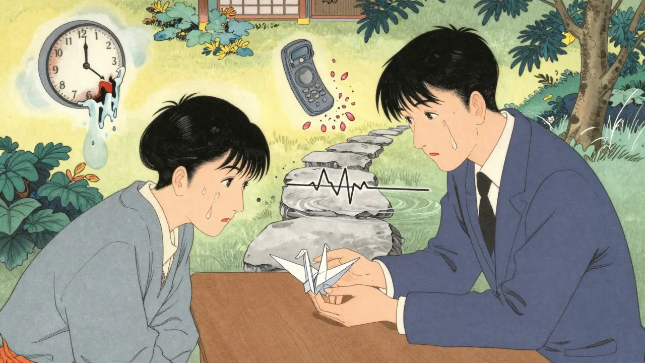 Klient pláče, terapeut položí papírového žába, kolem nich plavou symboly ticha a přijetí.